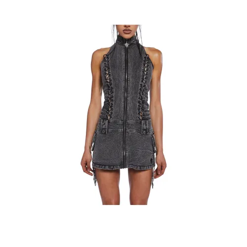 Dolls Kill DARKER WAVS Charged Кружево Up Cargo Dress Sleeveless Dress Women's BLACK Black