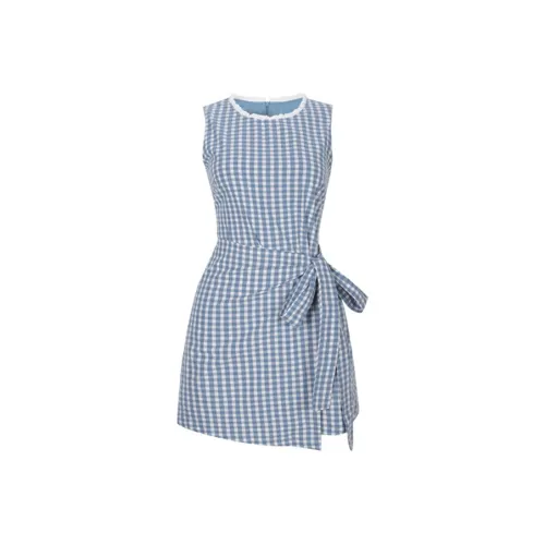 SYEEE WITH U Без рукавов Платье Женское Сине-белая Клетка