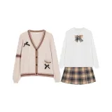 Свитер + Длинно-рукавная рубашка + Карамельно-коричневый обжаренный каштановый в клетку + Юбка в клетку + Подходящие боксер-шорты в клетку