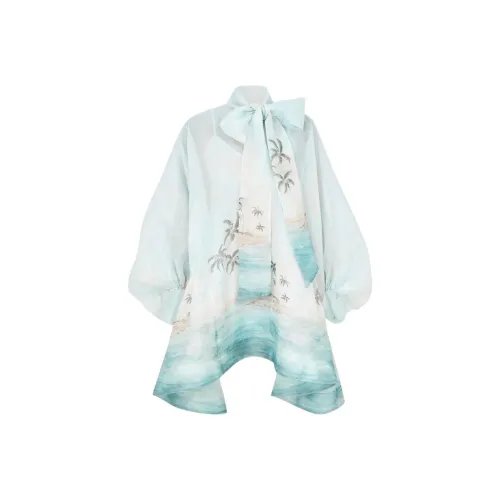 Zimmermann SS25 Длинное Платье с Длинными Рукавами Женское Синее