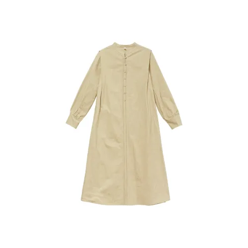 KERANPUJIAN Длинный рукав Платье Женское Твил Лист Желтый