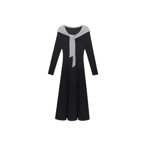 DOSOHEB Длинное платье с длинными рукавами женское черное с ремнем