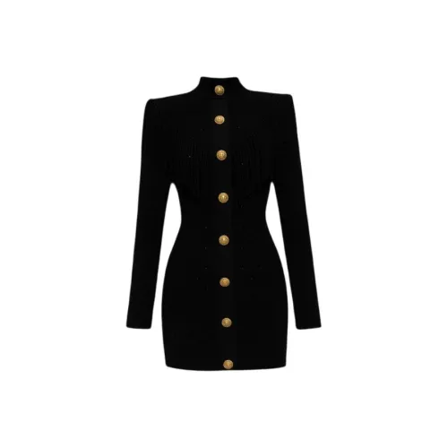 BALMAIN Черное Женское Длинное Платье с Рукавами