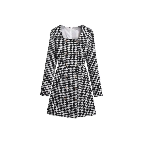 Silky Queen Длинное платье с длинными рукавами женское в узор "гусиная лапка"