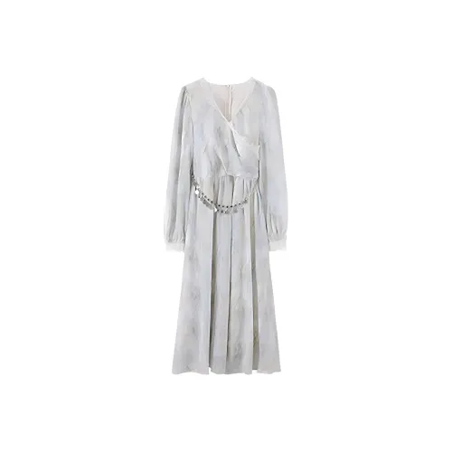 VKXOW Длинное платье с длинными рукавами женское синий топ юбка с ременем