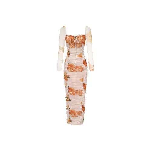 NANA JACQUELINE Длинное платье с длинными рукавами женское белое основа желтый цветочный