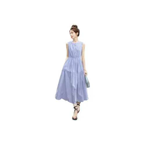 Cypress House Без рукавов Платье Женское Синие Полосы