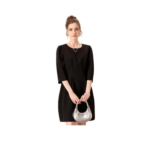 FENHONGMALI Длинное платье с длинными рукавами женское черное