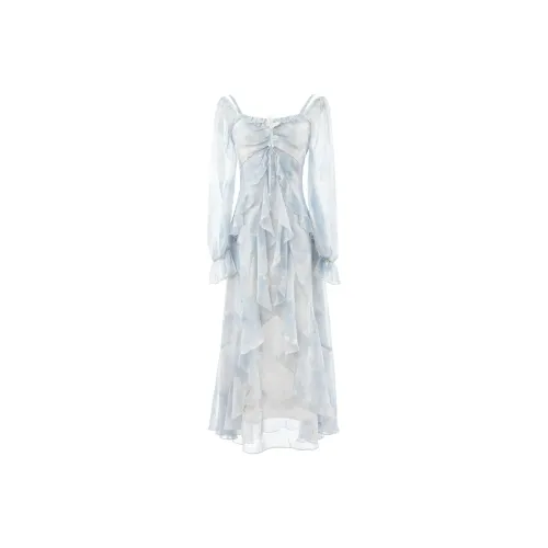 MISTVB Длинное платье с длинными рукавами женское туманно-позолоченный синий