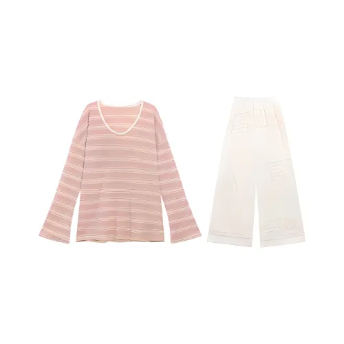 DOSOHEB Повседневный костюм женский топ розовый штаны бежевые