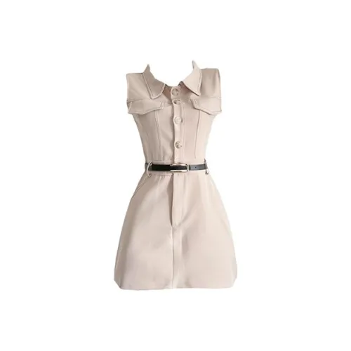 MO VOICE Без рукавов Платье Женское Молочный Кофейный + Ремень