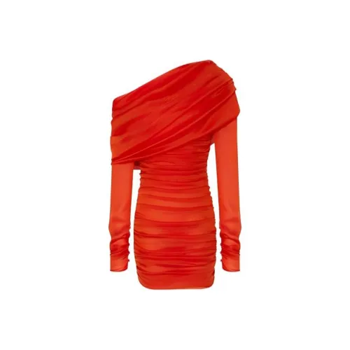 SAINT LAURENT Длинное платье с длинными рукавами женское кирпичный цвет