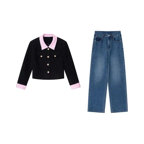 HEXIAOQI Одежда Комплект Черный Топ + Темно-Синие Штаны Женские Повседневные Костюмы