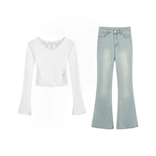 Icicofficial Повседневный Костюм Женская Белая Толстовка + Светло-Синие Джинсы