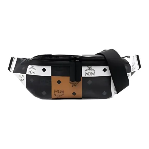 MCM Холст Телячья кожа Сумка через плечо Бананка Стандартная Мужская Черный Белый