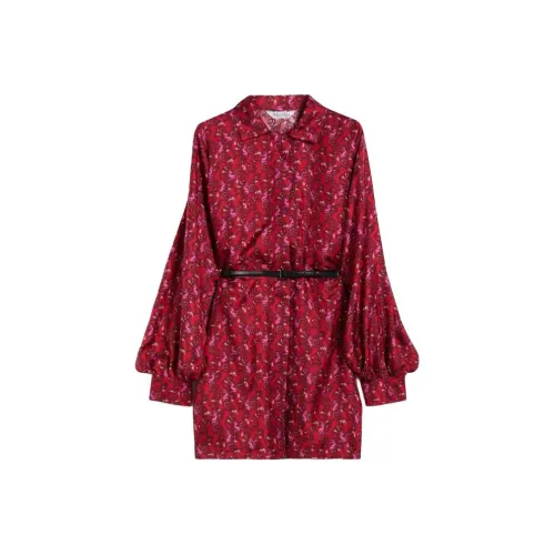 MaxMara OZIO Collection Printed Silk Shirt Dress Long Sleeved Dress Women's Bordeaux