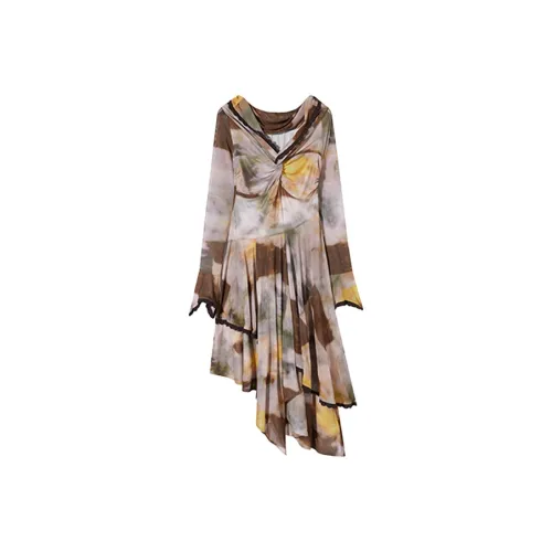 PAZZO Длинное платье с длинными рукавами женское мягкий персиковый цвет