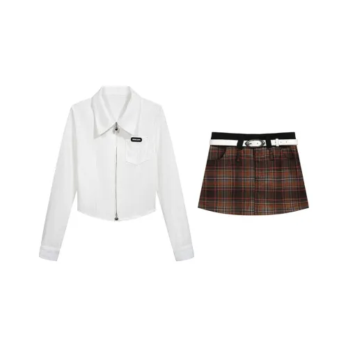 ETSE Белый топ + Кофейная юбка Женские комплекты с юбкой