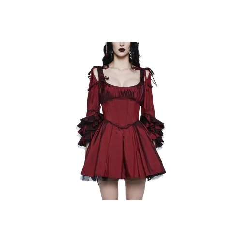 Dolls Kill Widow Haunted Hue Мини Платье Длинный Рукав Платье Женское Красный Красный