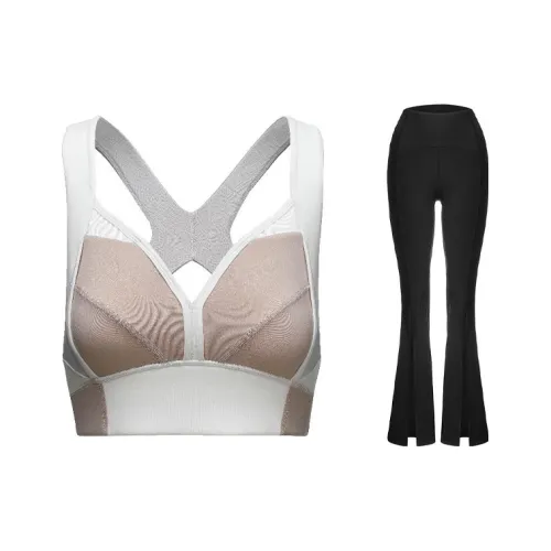 Sumday Athletics Набор Молочный чайно-серый Спорт Бюстгальтеры + Черные Брюки Женские Фитнес-комплекты