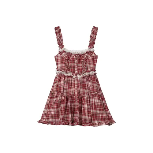 Ning Cai Yuer Slip Платье Женское Красное Клетка