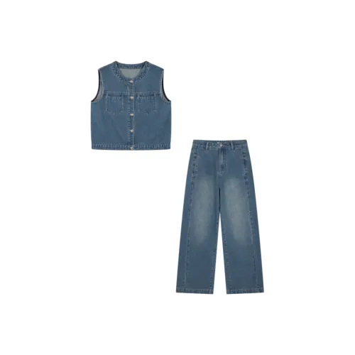 Mo Han Yi Mei Повседневный костюм женский винтажный деним синий