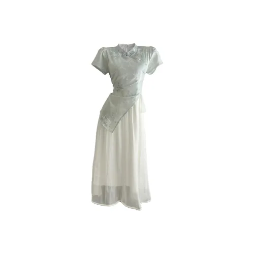 PAZZO Короткий рукав платье женское зеленый бамбук