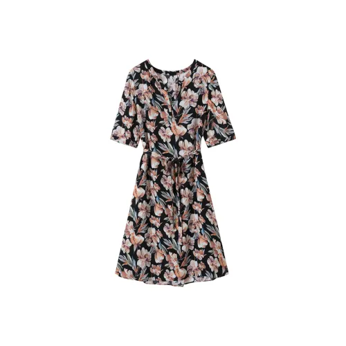 H YXIANG Короткое платье с короткими рукавами женское черная подошва акварельный цветочный узор