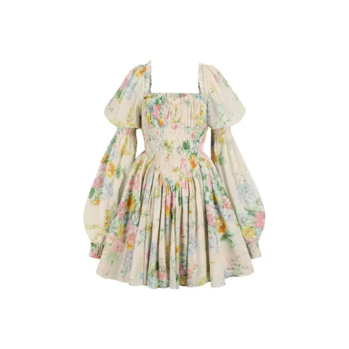 Selkie Коллекция Длинный рукав Платье Женское Абрикос с Лазурный Розовый Принт