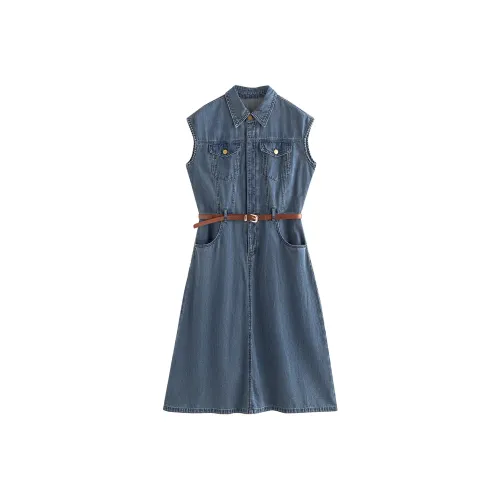 Initial Language Без рукавов Платье Женское Средне-синий