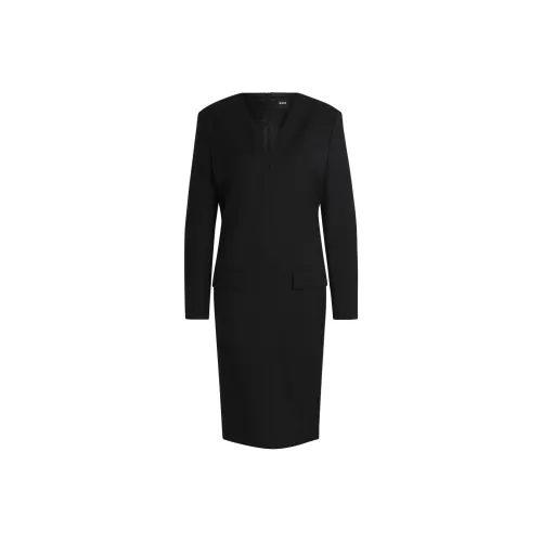 HUGO BOSS Черное Женское Длинное Платье с Длинным Рукавом