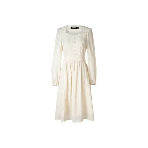 MITX Весна Длинный Рукав Платье Женские Экрю