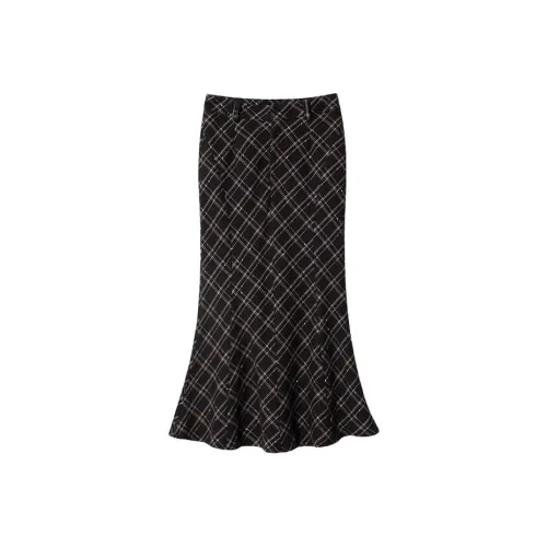 PUNCHUN Studio Повседневный Длинный Юбка Женские Черный Коричневый Клетка