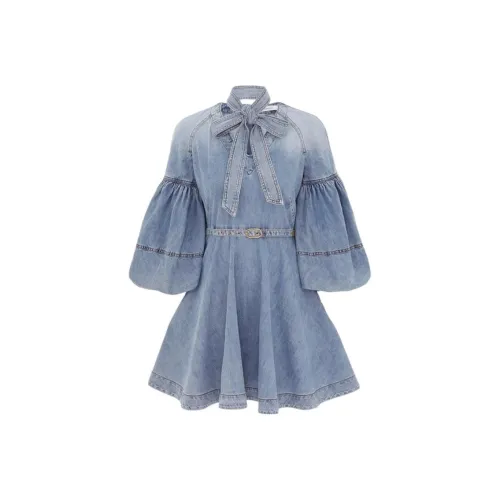 Zimmermann SS25 Длинное Платье с Длинными Рукавами Женское Синее