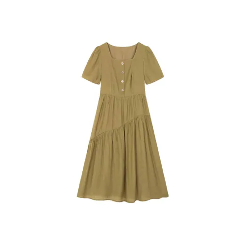 Mo Han Yi Mei Короткий рукав Платье Женское Желтый Зеленый