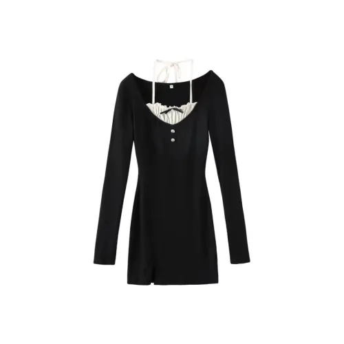 Lookinto Длинное платье с длинными рукавами женское черное