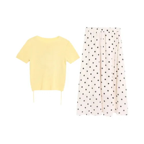 WOWI KCKS Комплект с юбкой Женская Желтая кофта + Юбка в горошек