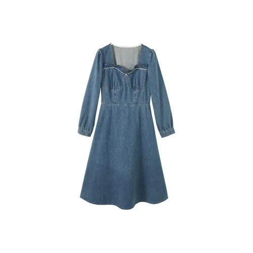 XIANGYING Длинное платье с длинными рукавами женское джинсовый синий