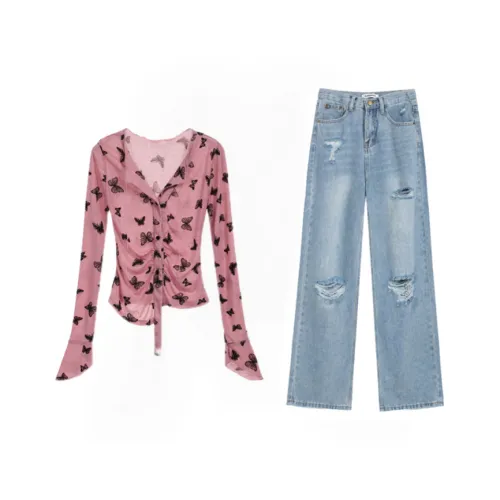 Icicofficial Повседневный Костюм Женские Розовый Топ + Рваные Джинсы