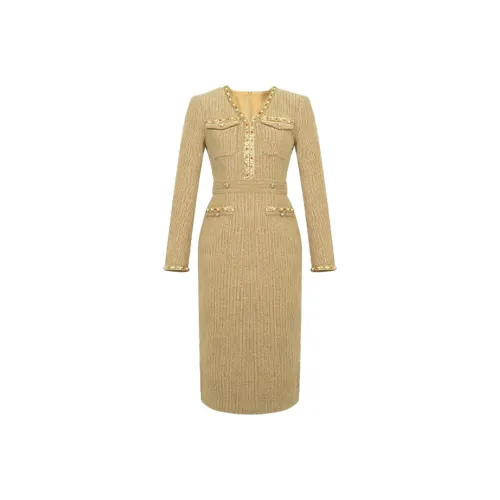 Mapping Длинный рукав Платье Женское Желтое