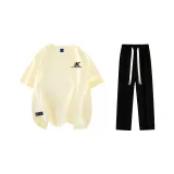 Комплект одежды (Бежевая Желтая Футболка + Черные Повседневные Штаны)