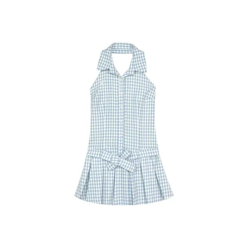 VKXOW Без рукавов Платье Женское Синие Клетка Халтер
