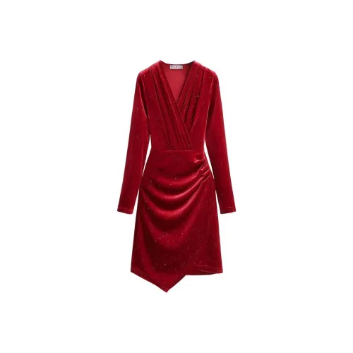 Silky Queen Длинное платье с длинными рукавами женское новогодний красный