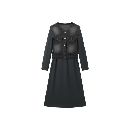 PEACEBIRD Длинное платье с длинным рукавом женское черное