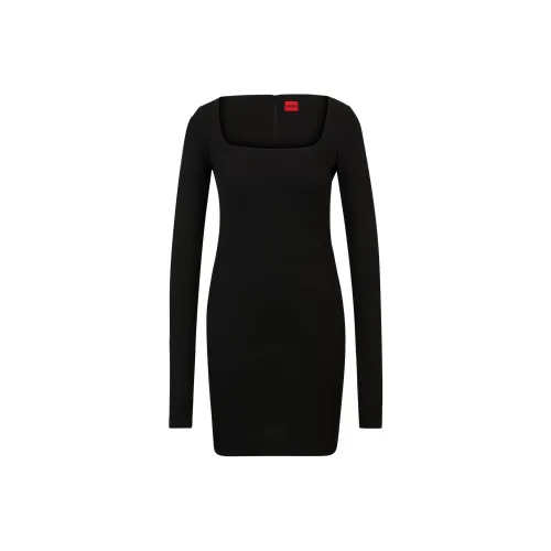 HUGO BOSS Черное Женское Длинное Платье с Длинным Рукавом