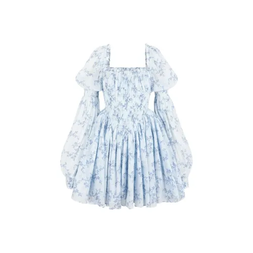 Selkie Коллекция Длинный рукав Платье Женское Светло-синий с цветочным узором и рисунком "шип"