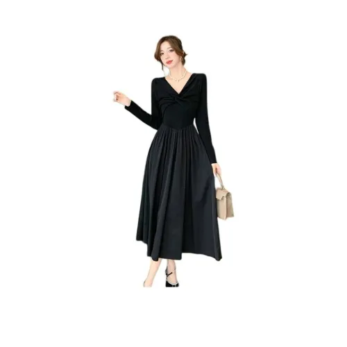 XIAOJUCHUANLI Длинное платье с длинным рукавом женское черное