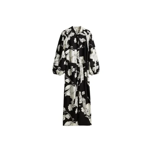 H&M Черное/Белое Цветочное Женское Платье с Длинным Рукавом