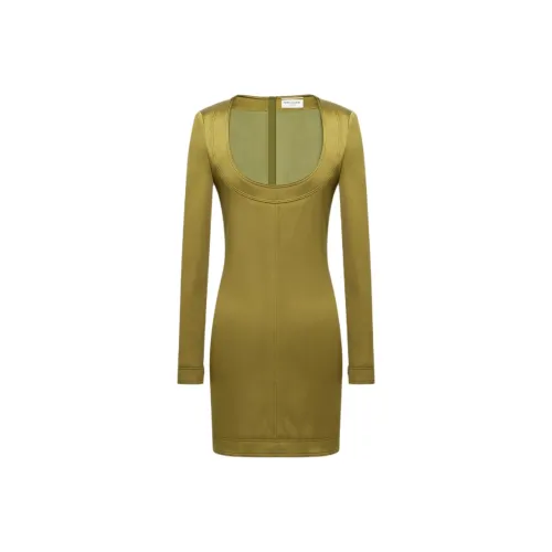 SAINT LAURENT SS24 Длинное платье с длинными рукавами женское зеленый хаки