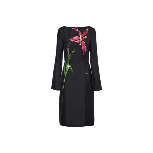 PRADA Печатный Твил Платье Длинное с Длинными Рукавами Женское Черное